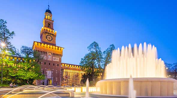 Castello Sforzesco with fountain by night