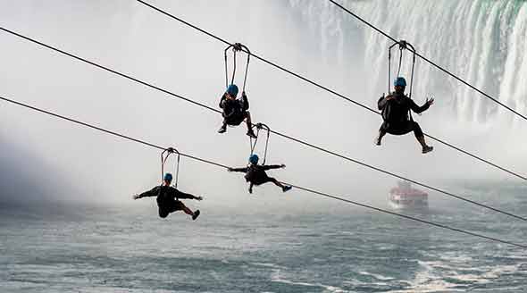 People ziplining over Niagara Falls